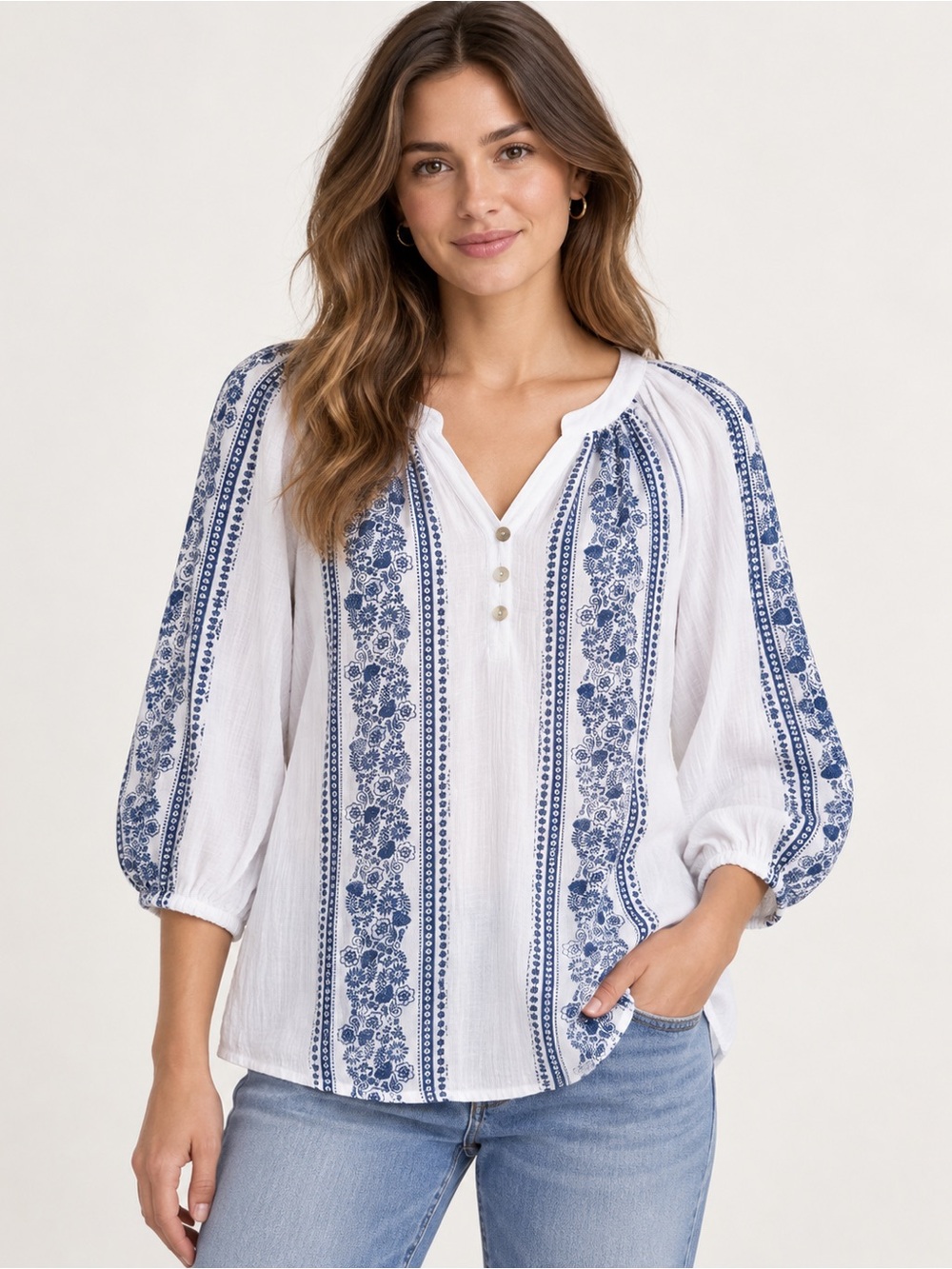 fig and flower White Blouse with Blue Floral Stripe